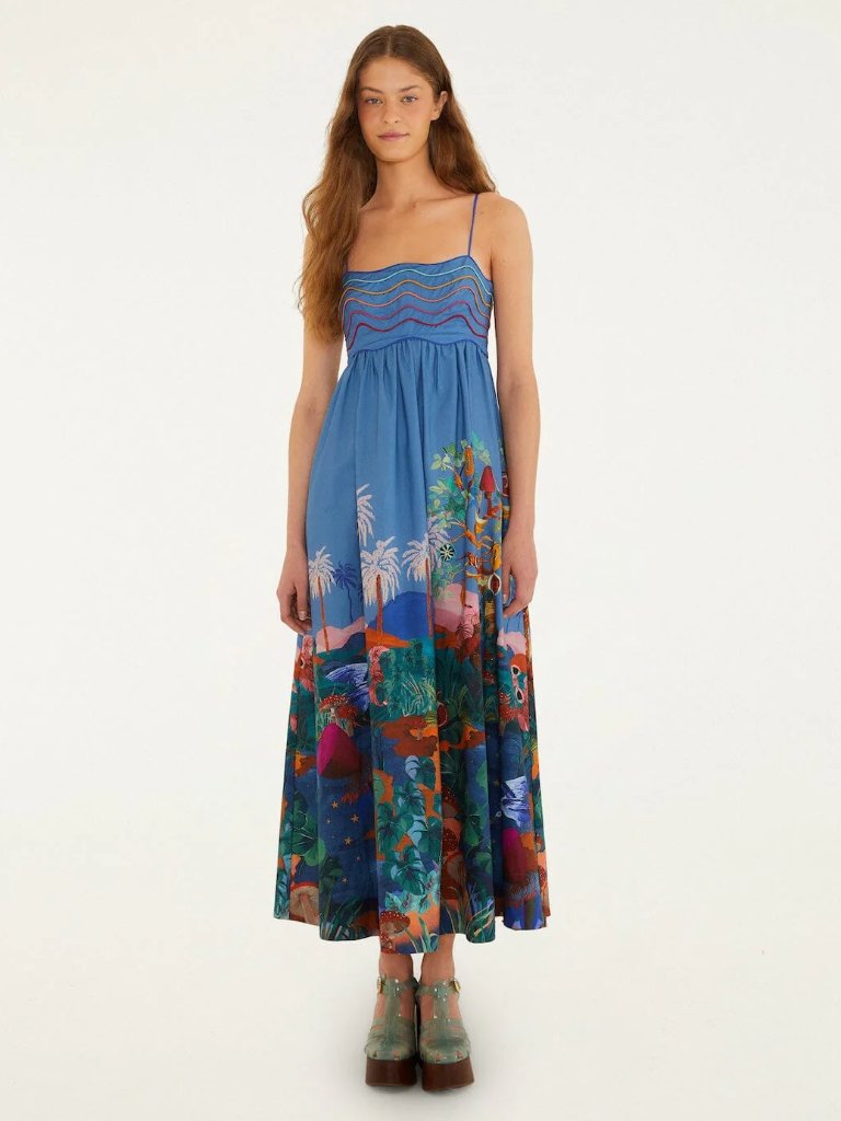 Farm Rio Multicolor Dream Landscape Organic Cotton Sleeveless Maxi Dress S Nwt